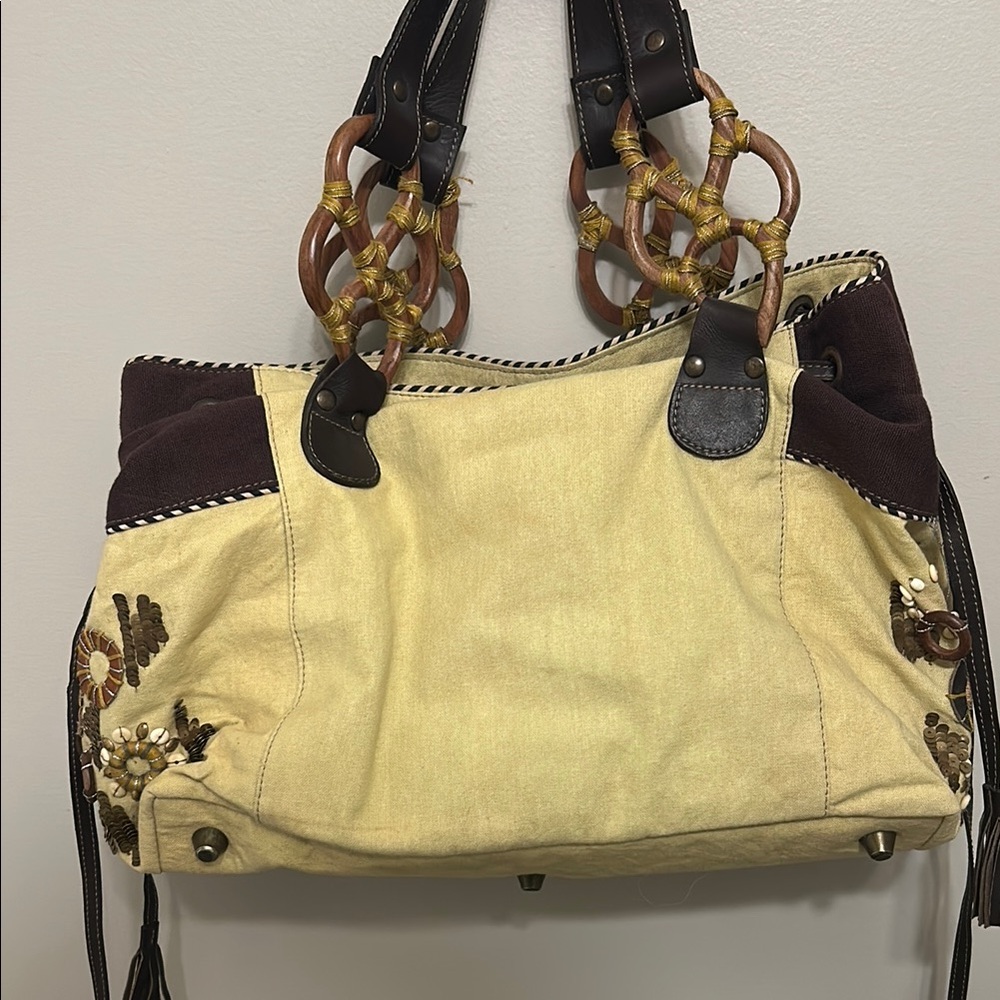 Anthropologie Yellow and Brown Embroidered Tote Vintage look gently Pre Loved - Picture 7 of 10